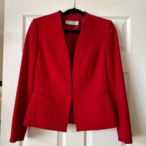 Tahari shaped red wool crepe jacket with hook and eye closure at waist.
